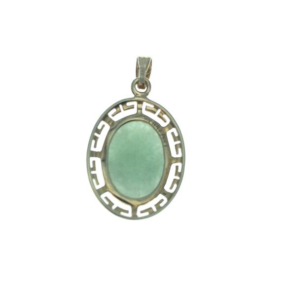 14K Yellow Gold Green Jade Cabachon Pendant Greek Key 3 grams - Picture 2 of 13